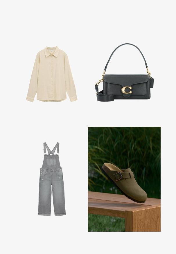 Helle beige Langarmbluse mit durchgehender Knopfleiste, klassischem Kragen, weichem Material und leicht abgerundetem Saum. Keine sichtbaren Muster oder Akzente.; Graue Denim-Latzhose mit verstellbaren Trägern, Brusttasche, Seitenknöpfen und verwaschenen Details an den Beinen.; Olivgrüne Wildleder-Pantoletten mit einem Schnallenverschluss, die über einer Holzbank mit grünem Gras und Pflanzen im Hintergrund schwebt.; Schwarze Lederhandtasche mit goldenen Hardware-Akzenten, ausgestattet mit einem charakteristischen Verschluss, einem abnehmbaren Schultergurt und einer strukturierten Oberfläche.