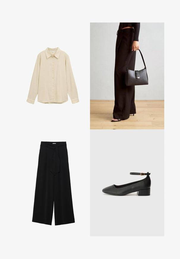 Helle beige Langarmbluse mit durchgehender Knopfleiste, klassischem Kragen, weichem Material und leicht abgerundetem Saum. Keine sichtbaren Muster oder Akzente.; Schwarze weite Hosen aus strukturiertem Stoff, mit elastischem Bund und einem abnehmbaren Bindegürtel in der Taille für eine verstellbare Passform.; Schwarze Lederpumps mit spitzem Zehenbereich und niedrigem Blockabsatz. Mit einem Knöchelriemen und einer goldfarbenen Schnalle. Glatte Textur.; Schwarze Handtasche mit strukturierter Form, glatter Textur und einem metallischen Verschluss. Kombiniert mit weiten schwarzen Hosen und offenen Sandalen auf einem Holzboden.