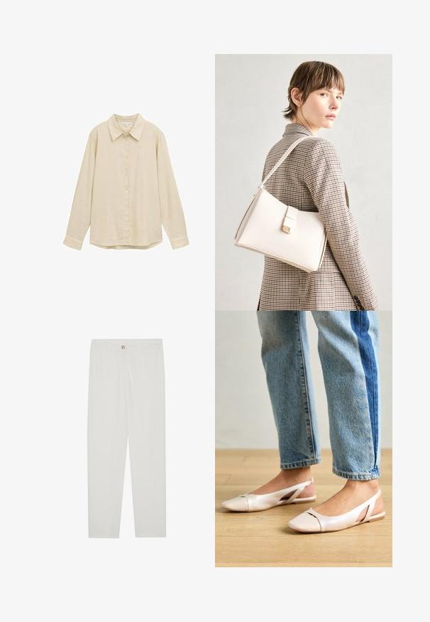 Camicia a manica lunga color beige chiaro con chiusura a bottoni, colletto classico, texture morbida e orlo leggermente arrotondato. Nessun motivo o accento visibile.; Pantaloni bianchi su misura con design a gamba dritta, dotati di chiusura a bottone, passanti per cintura e tasche laterali; tessuto morbido.; Ballerine slingback rosa pallido con punta affusolata, realizzate in un materiale simile alla pelle liscio. Presentano dettagli a taglio sui lati e un tacco piatto.; Borsa a mano in pelle bianca con un design strutturato, presente di un clasp magnetico e una tracolla, esposta su uno sfondo neutro.