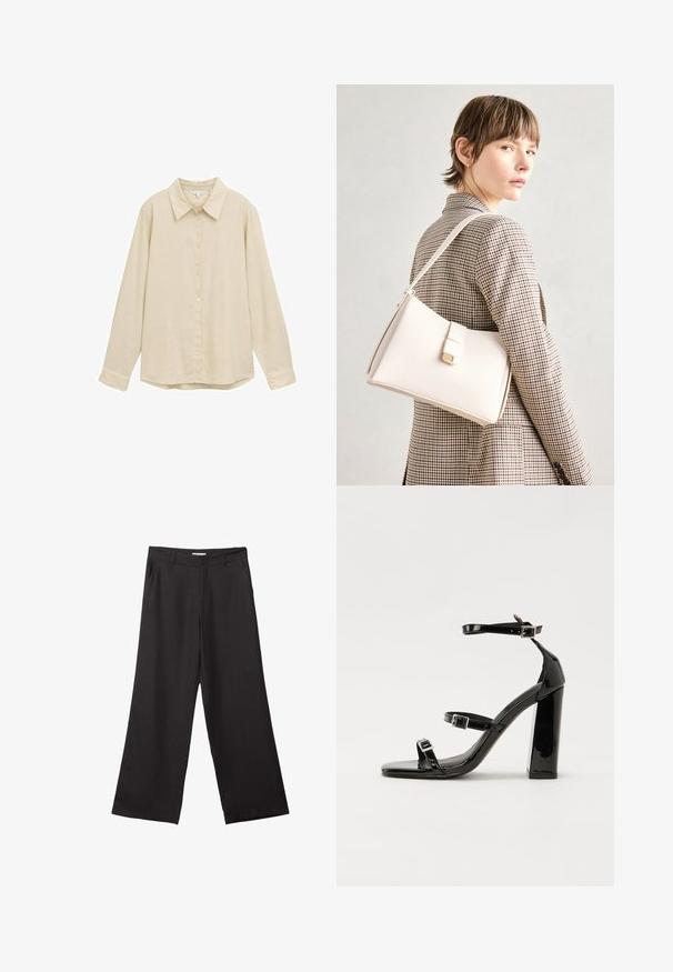 Light beige long-sleeve shirt with a button-up front, classic collar, soft texture, and slightly rounded hem. No visible patterns or accents.; Black wide-leg trousers made of smooth fabric, featuring a front zipper and two side pockets, with a tailored fit and minimalistic design.; Black patent heeled sandals with a square toe, ankle straps, and silver buckles. Features a chunky block heel for stability.; White leather handbag with a structured design, featuring a magnetic clasp and a shoulder strap, showcased against a neutral background.