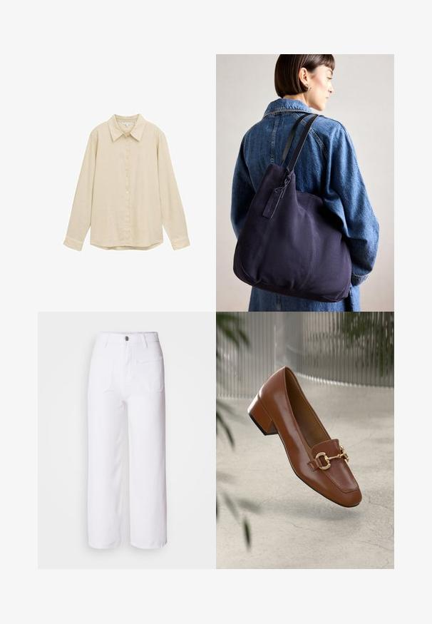 Helle beige Langarmbluse mit durchgehender Knopfleiste, klassischem Kragen, weichem Material und leicht abgerundetem Saum. Keine sichtbaren Muster oder Akzente.; Weiße Denim-Hosen mit weitem Bein, Knopfverschluss, Gürtelschlaufen, zwei Fronttaschen und einer einzelnen Gesäßtasche. Strapazierfähiger und strukturierter Stoff.; Braune Lackleder-Loafer mit quadratischer Zehenpartie, metallischem Kettenakzent und niedrigem Blockabsatz; glatte Textur, minimalistisches Design.; Marinefarbene Leinenschultertasche mit weicher, strukturierter Form, ausgestattet mit einem schwarzen Riemen, genähten Details und einem kleinen Markenschild.