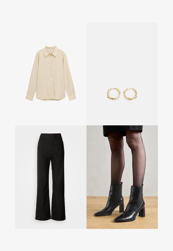 Svijetlo bež košulja dugih rukava s dugim gumbima, klasičnim ovratnikom, mekanom teksturom i lagano zaobljenim rubom. Nema vidljivih uzoraka ili akcenta.; Crne široke hlače s glatkom teksturom, visokim strukom i jednostavnim dizajnom. Bez vidljivih džepova ili ukrasa.; Crne kožne gležnjače s šiljastim vrhom, robusnim četvrtastim potplatom i elegantnim dizajnom. Imaju elastične bočne panele za jednostavno oblačenje.; Zlatne okrugle naušnice s teksturiranim, nepravilnim oblikom. Imaju nevidljivo zatvaranje i polirani završni sloj, što naglašava moderan dizajn.