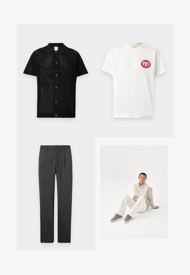 Juodos trumpomis rankovėmis polo marškiniai su tekstūruotu, perforuotu mezginiu priekyje. Turi tvirtą apykaklę ir mygtukus viduryje.; Balta medvilninė marškinėlių suapvalintu raudonu logotipu kairiajame krūtinės šone su užrašu "981 REPLAY". Trumpomis rankovėmis ir standartinio modelio.; Pilkos pritaikytos kelnės su tiesiomis kojomis, turinčios priekinę raukšlę, užtrauktuką ir mygtuką. Lygus audinys, klasikinis dizainas.; Bežinė marškinė su mygtukais, baltos kelnės ir pilkos sportbačiai. Marškiniai yra laisvi, o sportbačiai turi tekstūruotą paviršių ir raištelių užsegimą.