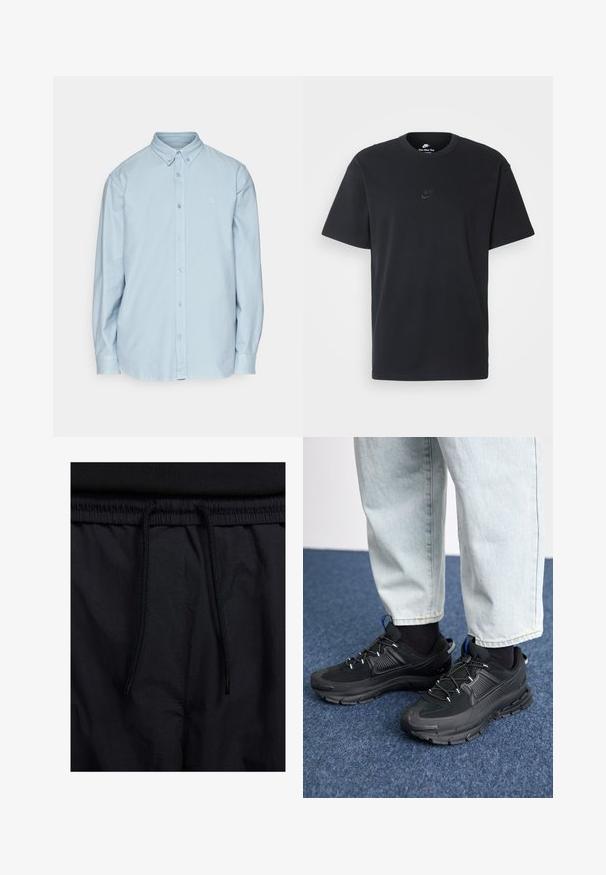 Gaiši zilā pogāmā krekla, kas izgatavots no kokvilnas, klasiskā apkakle, garas piedurknes un neliels logo uz krūtīm. Mīksta tekstūra.; Nike melns kokvilnas T-krekls ar klasisku piegriezumu, īsām piedurknēm un smalku, reljefu logotipu uz krūškurvja. Gluda tekstūra.; Melni šorti ar sašūtu jostu, viegls audums ar gludu tekstūru un vienkāršs dizains bez redzamiem logotipiem vai paraugiem.; Melni sporta apavi ar strukturētu audumu un gumijas zoli, ar elastīgām auklām un zilu akcentu uz papēža. Nēsāti ar gaišām džinsu biksēm.