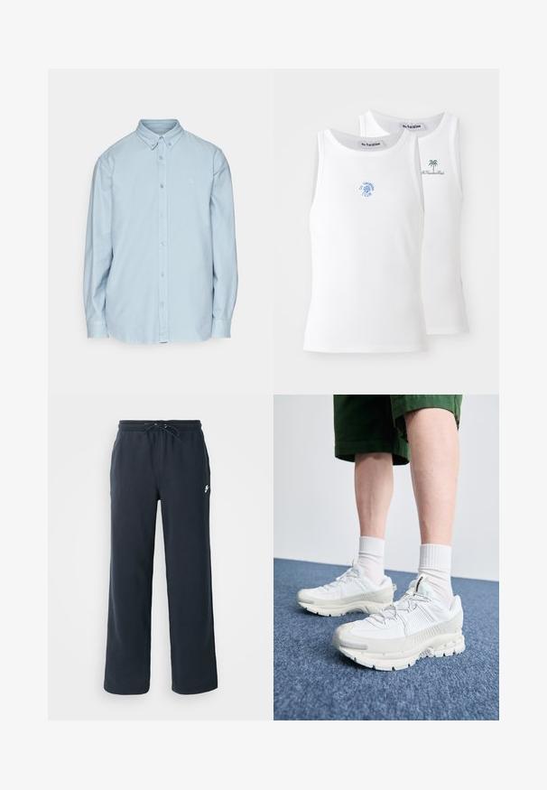 Světle modrá košile na knoflíky vyrobená z bavlny, s klasickým límcem, dlouhými rukávy a malým logem na hrudi. Měkká textilie.; Dvě bílé tílka s jemným žebrováním, zdobené modrými a zelenými vyšívanými logy. Jedno má design slunce, druhé design palmy.; Tmavě modré tepláky s elastickým pasem a šňůrkou. Vyrobeny z měkké látky, s malým bílým logem na levém boku.; Bílé sportovní boty s texturovanými překryvy, masivní podrážkou a šedými akcenty. Na nohou mají bílé ponožky a zelené šortky na modrém povrchu.