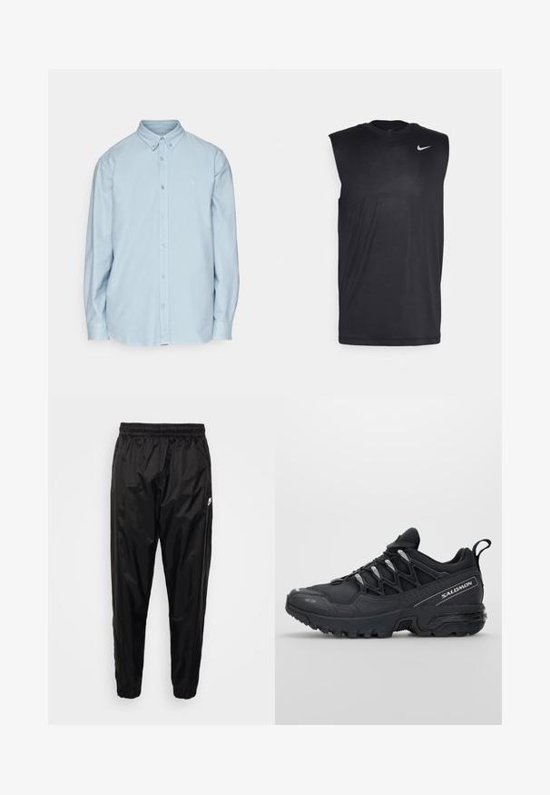 Svetlo modra srajca z gumbki, izdelana iz bombaža, s klasičnim ovratnikom, dolgimi rokavi in majhnim logotipom na prsih. Mehak material.; Črna brezrokavna športna majica iz gladkega materiala, s krožnim izrezom in majhnim belim Nike logotipom v obliki kljukice na zgornji levi strani.; Črne trenirke iz lahkotnega, sijočnega materiala z elastičnim pasom, zoženim krojem in žepi z zadrgo. Vsebujejo akcent logotipa.; Črne športne čevlje z mrežasto zgornjšo plastjo, gumijastim podplatom in odbojnimi detajli. Imajo oblazinjen podplat in zasnovo z vezalnim zapiranjem.