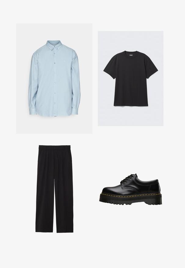 Jasnoniebieska koszula z długim rękawem wykonana z bawełny, z klasycznym kołnierzykiem i małym logo na piersi. Miękka faktura.; Czarna koszulka z krótkim rękawem wykonana z bawełny. Posiada okrągły dekolt i luźny krój. Prosty design, bez widocznych wzorów czy akcentów.; Czarne spodnie w stylu szerokich nogawek z plisowanym przodem, bocznymi kieszeniami i gładką teksturą materiału. Zaprojektowane w luźnym kroju.; Czarne skórzane buty sznurowane z grubą, ząbkowaną czarną gumową podeszwą i żółtym przeszyciem wzdłuż krawędzi, charakteryzujące się gładkim wykończeniem.