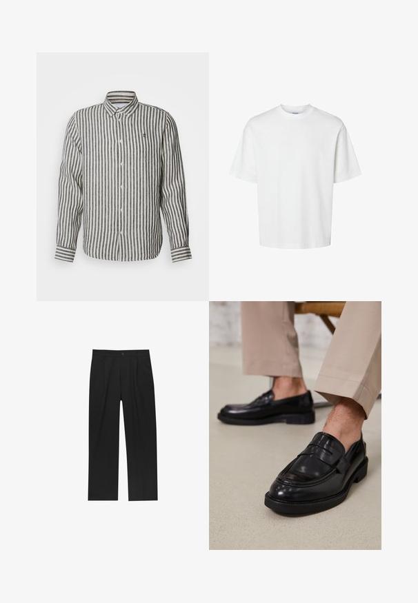 Les Deux KRISTIAN SHIRT - Košile - dark navy/ivory; Bílý bavlněný tričko s krátkými rukávy, klasickým kulatým výstřihem a volným střihem. Hladká textura bez viditelných vzorů nebo akcentů.; Černé kalhoty s rovnými nohavicemi, vyrobené z hladké tkaniny. Mají přední záhyby a jedno knoflíkové zapínání v pase.; Černé kožené loafers s hladkým povrchem, zdobené páskem a kontrastním prošíváním, spárované s béžovými kalhotami.