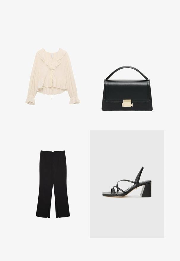 Crèmekleurige blouse met een rucheshalslijn, lange mouwen met uitlopende manchetten en een gelaagde zoom. De stof heeft subtiele stippen.; Zwarte broek met een rechte pasvorm, voorzien van zijzakken en plooien aan de onderzijde. Gemaakt van zachte, gladde stof. Geschikt voor verschillende gelegenheden.; Zwarte sandaaltjes met een vierkante teen, voorzien van meerdere dunne bandjes en een geometrische blokhak. Gladde lederen textuur en minimalistisch design.; Zwarte lederen handtas met een gestructureerd ontwerp, bovenhandgreep en een gouden metalen sluitingdetails aan de voorkant. Gladde textuur, minimale stiksels.