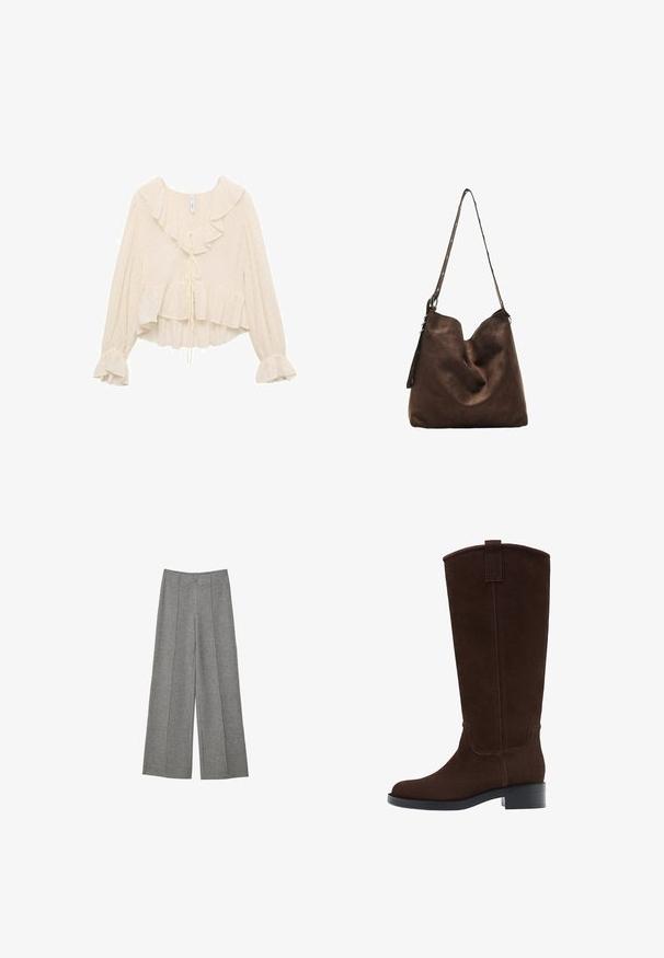 Blusa color crema con scollo arricciato, maniche lunghe con polsini a campana e orlo a strati. Il tessuto presenta sottili pois.; Pantaloni grigi a gamba larga con un tessuto texture. Presentano pince che scendono davanti, una vita senza chiusure visibili.; Stivali al ginocchio in suede marrone con punta arrotondata, cuciture sottili e tacco basso a blocco; presentano un laccio nella parte superiore per una facile calzata.; Borsa hobo in suede marrone con una parte superiore curva, una lunga tracolla con dettagli a pois e una consistenza morbida. Presenta un design morbido per un uso casual.