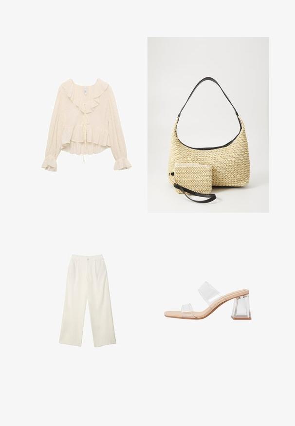 Cream-colored blouse with a ruffled neckline, long sleeves with flared cuffs, and a tiered hem. Fabric features subtle polka dots.; Wide-leg trousers in cream fabric with a smooth texture, featuring a single front button, subtle pleats, and a high waist design.; Transparent heeled sandals featuring two clear straps, a beige base, and a geometric clear block heel. Minimalist design with smooth texture.; Woven straw handbag with a curved silhouette, featuring a smooth black leather strap and a matching small pouch attached by a wrist strap.