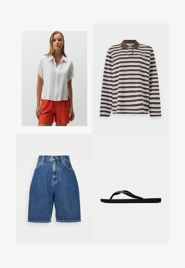 White linen short-sleeve shirt with a button placket, curved hem, and side slits, paired with bright orange linen shorts.; Samsøe Samsøe SADOVER - Long sleeved top - turkish coffee; Denim shorts with a high waist, in a dark blue color. Features classic five-pocket style, straight cut, and folded hem. Cotton material.; Black rubber flip-flop sandal with a textured thong strap and simple flat sole, shown from side on a plain light background.