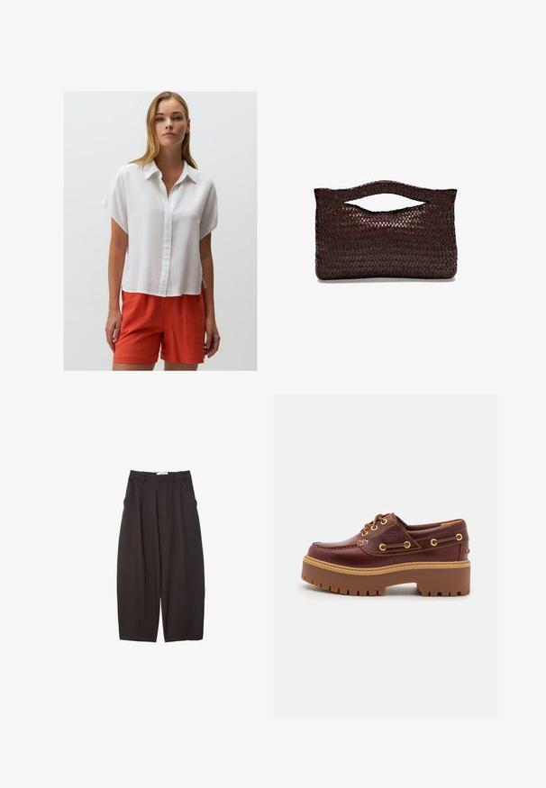Weißes Leinenhemd mit kurzen Ärmeln, Knopfleiste, abgerundetem Saum und seitlichen Schlitzen, kombiniert mit leuchtend orangefarbenen Leinenkurzen.; Schwarze weit geschnittene Hosen aus einem glatten Stoff, mit hoher Taille, Frontfalten und Seitentaschen. Schlichtes Design ohne Verzierungen.; Braune Lederbootsschuhe mit einer massiven braunen Gummisohle, goldenen Ösen und kontrastierenden Nähten. Mit einem Logo an der Seite.; Braune geflochtene Lederhandtasche mit einem abgerundeten Obergriff und einer offenen Silhouette, die eine strukturierte Oberfläche und ein schlankes, minimalistisches Design aufweist.