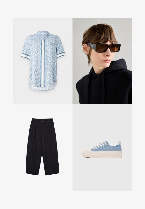 Srajca s kratkimi rokavi v svetlo modri barvi z geometrijskim vzorcem, ima gumbasto zapiranje spredaj, ovratnik in kontrastne mornarske črte na rokavih ter robu.; Črne poliesterske culotte hlače z elastičnim pasom, dvema sprednjima nabiranjema in ohlapnim krojem. Brez vidnih vzorcev ali kovinskih detajlov.; Svetlo modri platneni športni copati z kremnim gumijastim zaščitnikom na prstih in podplatom, z belimi vezalkami in zanko na peti.; Črne velikanske sončne očala z lesketajočo površino, pravokotne oblike, rjavi zasenčeni leči in zlatim logotipom na krakih.