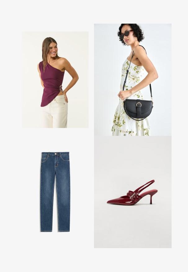 Asymmetrisch paarse top van zachte stof, met een zijgesp detail en een geplooid textuur, gecombineerd met lichte jeans.; Donkerblauwe denim jeans met een rechte pasvorm, vijf zakken, subtiele stikdetails en een metalen knoop bij de taille.; Rode gepatenteerde leren slingbackhakken met een spitse neus, twee gespsluitingen en een slanke, middelhoge stilettohak. Glad textuur.; Zwarte leren handtas met een gebogen vorm, afneembare schouderband en gouden hardware. De tas heeft een klep met een gespsluiting.