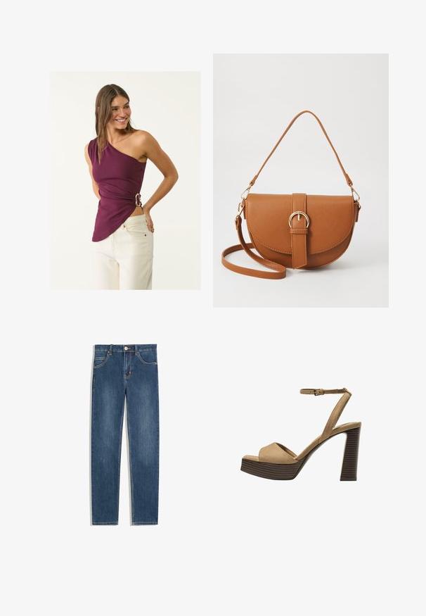 Asymmetrisches lila Oberteil aus weichem Stoff, mit einem seitlichen Schnallendetail und einer gerafften Textur, kombiniert mit hellen Jeans.; Dunkelblaue Jeans aus Denim mit geradem Schnitt, fünf Taschen, subtilen Nähdetails und einem Metallknopf an der Taille.; Beige Wildleder-Pumps mit hohem Absatz, breitem Vorderband und Knöchelriemen, ausgestattet mit einem klobigen Holzblockabsatz mit strukturiertem Finish.; Braune Leder-Crossbody-Tasche mit geschwungener Form, goldfarbenen Beschlägen und einer Schnallenakzentuierung. Verfügt über einen abnehmbaren Schultergurt.