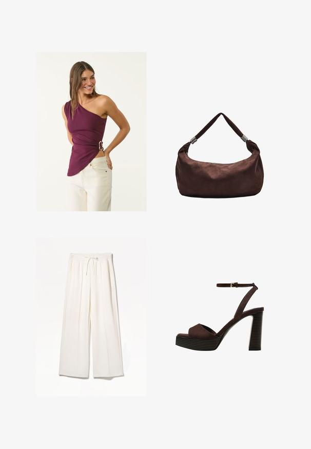 Asymmetrisches lila Oberteil aus weichem Stoff, mit einem seitlichen Schnallendetail und einer gerafften Textur, kombiniert mit hellen Jeans.; Weiße weite Hosen aus leichtem Stoff, mit elastischem Bund, Kordelzug und seitlichen Taschen, ohne sichtbare Muster.; Braune Wildleder-Pumps mit offenem Zeh, verstellbarem Knöchelriemen und gestreiftem Plateausohlen.; Braune Wildleder-Schultertasche mit Reißverschluss, ausgestattet mit einem gedrehten Tragriemen, der mit Metallakzenten verziert ist, für ein sicheres Tragen.