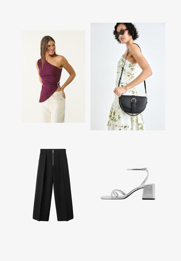 Top viola asimmetrico realizzato in tessuto morbido, con dettaglio di fibbia laterale e texture arricciata, abbinato a jeans chiari.; Pantaloni neri a gamba larga con pieghe frontali e una zip argentata a vista in vita, parte anteriore piatta e tasche laterali.; Sandali con tacco a blocco argento, caratterizzati da sottili cinturini incrociati e una cinturino alla caviglia regolabile. Finitura metallica liscia.; Borsa a tracolla nera in pelle con una forma curva, manico rimovibile e accessori dorati. La borsa presenta una patta con un dettaglio a fibbia.