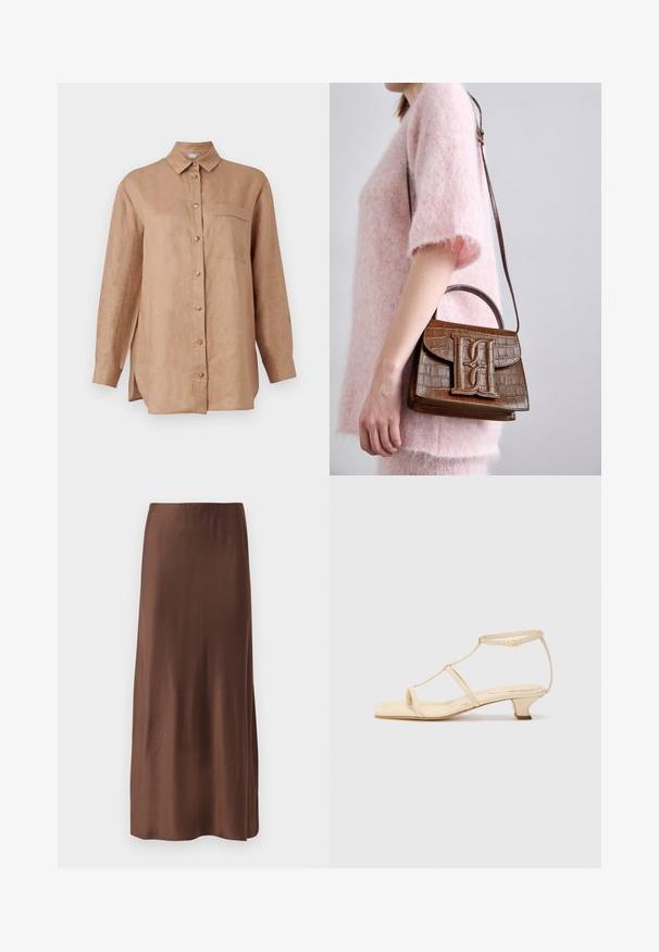 Camicia di lino marrone chiaro a maniche lunghe con apertura frontale a bottoni, colletto e una tasca sul petto. Presenta fessure laterali per una maggiore libertà di movimento.; Gonna midi in satin marrone con una texture liscia, caratterizzata da un taglio dritto e senza motivi o decorazioni visibili. Design semplice ed elegante.; Sandali con tacco color beige, design a T-strap, punta quadrata, cinturino alla caviglia regolabile e tacco basso a blocco. Materiale in pelle liscia.; Borsa a mano con effetto coccodrillo marrone, dotata di manico superiore e tracolla. Presenta un logo prominente sulla patta frontale. Texture morbida.