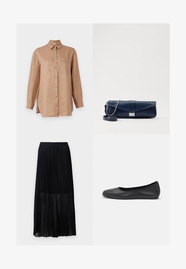 Camicia di lino marrone chiaro a maniche lunghe con apertura frontale a bottoni, colletto e una tasca sul petto. Presenta fessure laterali per una maggiore libertà di movimento.; Gonna midi plissettata nera con una cintura elastica liscia e sovrapposizione trasparente, caratterizzata da fini pieghe verticali su tutto il tessuto.; Pantofole da balletto nere in pelle con punta arrotondata, texture liscia, dettagli di cucitura minimi e design con suola flessibile.; Clutch in pelle blu navy con texture a coccodrillo, tracolla in catena argentata e chiusura metallica. Forma rettangolare con design pieghevole.