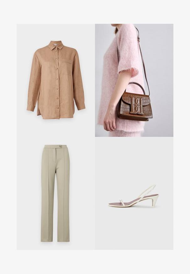Hellbraunes, langärmliges Leinenhemd mit Knopfverschluss, Kragen und einer einzelnen Brusttasche. Verfügt über seitliche Schlitze für mehr Bewegungsfreiheit.; Beige maßgeschneiderte Hose mit geradem Schnitt, ausgestattet mit einem Reißverschluss vorne, einem einzelnen Knopfverschluss und dezenten Bügelfalten entlang der Vorderbeine.; Weiße Slingback-Sandalen mit einem leichten Absatz, dünnen Riemen und einer glatten Ledertextur; verfügen über eine kleine dekorative Schnalle.; Braune Handtasche aus Krokodilleder-Prägung mit einem oberen Griff und einem Schulterriemen. Besitzt ein auffälliges Logo auf der Frontklappe. Weiche Textur.