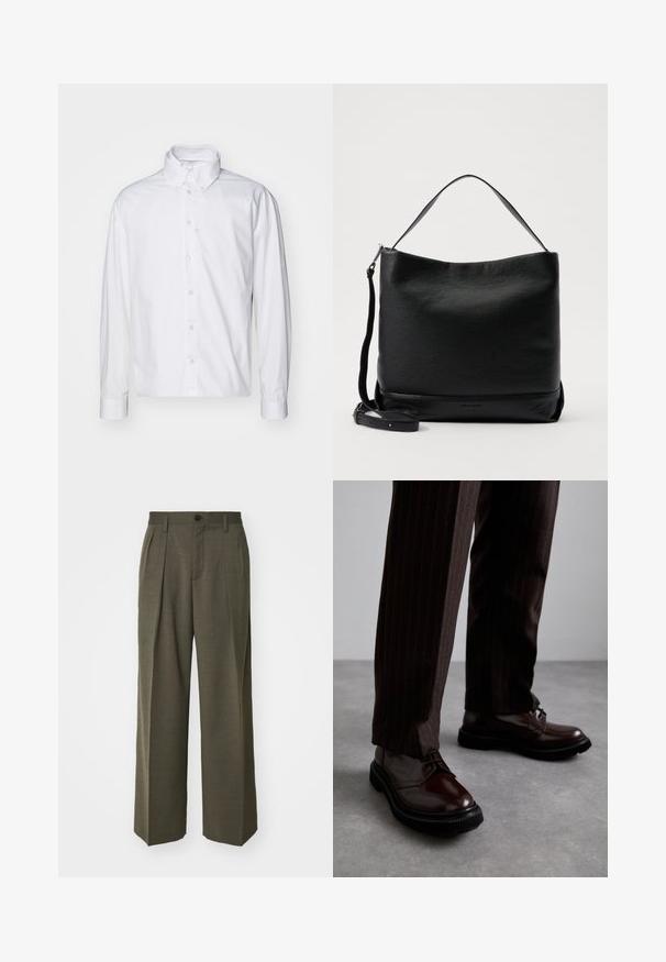 Valkoinen pitkähihaista napitettava paita, joka on valmistettu puuvillasta. Ominaisuuksiin kuuluu klassinen kaulus, etunapitus ja käärityt hihansuut, joissa on sileä pinta.; Filippa K WIDE TROUSERS - Housut - driftwood; Ruske nahkasaapad, joissa on kiiltävä pinta, musta kumipohja ja hienovarainen ompelu. Yhdistetty raitapolkkaisiin ruskeisiin housuihin.; Mustapohjainen nahkainen olkalaukku, jossa on teksturoitu pinta, kaareva yläosa ja irrotettava hihna. Ominaisuuksiin kuuluu yksinkertainen muotoilu, jossa on minimaalinen käytönnön varustus.