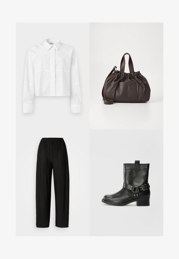 Biała krótka koszula wykonana z gładkiego materiału, z klasycznym kołnierzykiem, długimi rękawami i subtelnymi detalami szwów. Logo "DAY" na kołnierzu.; Czarne spodnie szerokie z plisami i elastycznym paskiem w talii. Tkanina ma pionowe plisy i gładką fakturę.; Samsøe Samsøe SABRENTA czarny; Samsøe Samsøe SAEMMI ciemnobrązowy