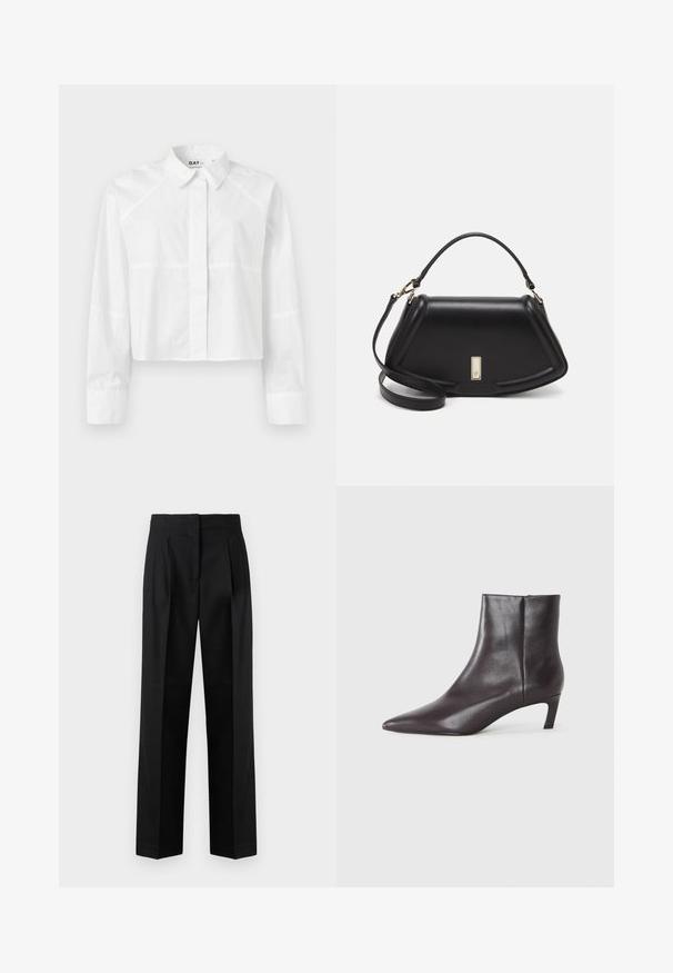 Weißes, kurzes Shirt aus glattem Stoff, mit klassischem Kragen, langen Ärmeln und subtilen Nahtdetails. Logo "DAY" am Kragen.; Schwarze Hose aus gewebtem Stoff, mit einem maßgeschneiderten Design, Falten, geradem Bein und flachem Bund. Strapazierfähige und glatte Textur.; Schwarze Leder-Ankle-Boots mit spitzem Zehenbereich und niedrigem Kitten-Absatz, glatte Oberfläche, seitlicher Reißverschluss, vor einem neutralen Hintergrund präsentiert.; Schwarze Lederhandtasche mit einem strukturierten Design, das eine verkürzte Form, einen oberen Griff und goldfarbene Hardware-Details aufweist. Verstellbarer Schulterriemen ist enthalten.