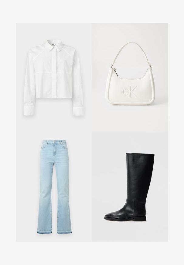 Valkoinen lyhytnuttuinen paita, joka on valmistettu sileästä kankaasta. Paidassa on klassinen kaulus, pitkät hihat ja hienovarainen saumaus. Kauluksessa on "DAY"-logo.; Vaaleansiniset levenevät farkut, jotka on valmistettu denimistä. Niissä on korkea vyötärö, etutaskut ja raaka helma lahkeissa rentoa ilmettä varten.; Mustat nahkaiset polvipituiset saappaat, joissa on pyöreä kärki, sileä pinta, minimalistinen muotoilu ja tasapohja. Yksinkertaiset sauman yksityiskohdat varressa.; Valkoinen nahkalaukku, jossa on kaareva muotoilu, etupuolella kohokuvioitu "CK" -logo ja yksi olkahihna. Vetoketjukiinnitys ylhäällä.