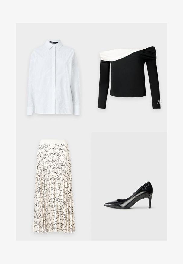 White button-up shirt featuring a textured script pattern, classic collar, long sleeves, and a straight hem. Made from lightweight fabric.; Black long-sleeve off-shoulder top with white folded draped detail across the chest and small white embroidered design on left sleeve.; Pleated midi skirt in cream with black cursive text patterns, featuring a smooth waistband and flowing fabric for ease of movement.; Black pointed-toe high heels with a glossy finish and subtle textured pattern. Features a moderate heel and open throat design.