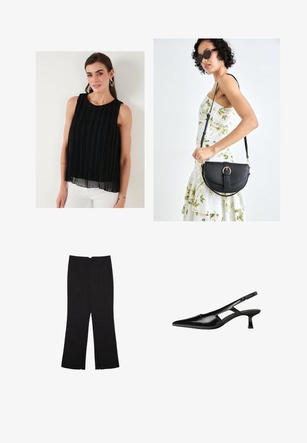 Črna brezrokavnik s vertikalnimi drsniki, okroglo ovratnico in tekočo silhueto. Izdelan iz lahkotnega materiala z večplastno teksturo.; Črne hlače ravnega kroja z naglavnimi žepi in stranskimi razporki na robu. Narejene iz mehke, gladke tkanine. Primerne za različne priložnosti.; Črne patentični usnjeni salonarji s slingback designom, z zašiljenim nosom, izrezanim stranskim dizajnom in majhnim kvadratnim peto. Gladka tekstura z minimalnimi detajli.; Črna usnjena torbica s ukrivljeno obliko, z odstranljivo naramnico in zlatimi dodatki. Torbica ima pokrov s podrobnostmi v obliki zaponke.