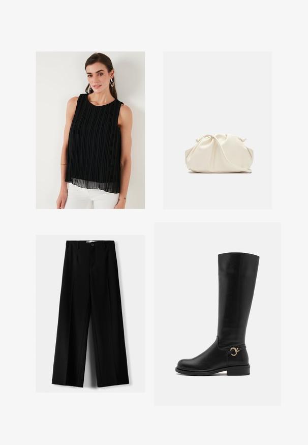 Schwarzes ärmelloses Top mit vertikalen Falten, rundem Ausschnitt und fließender Silhouette. Hergestellt aus leichtem Stoff mit geschichteter Textur.; Schwarze weite Hosen aus leichtem Stoff, mit einem Knopfverschluss vorne und flachem Bund, mit sorgfältig genähten Säumen.; Anna Field Wide Fit Stiefel - black; Cremfarbener, weicher Kunstlederbeutel mit gerafftem Design, verstellbarem Schultergurt und subtiler Kordelzug-Verschluss. Glatte Textur und runde Form.; Silberne Tropfohrringe mit abgerundeten, reflektierenden Oberflächen; minimalistisches Design mit glatter Textur und subtilen Brandingdetails.