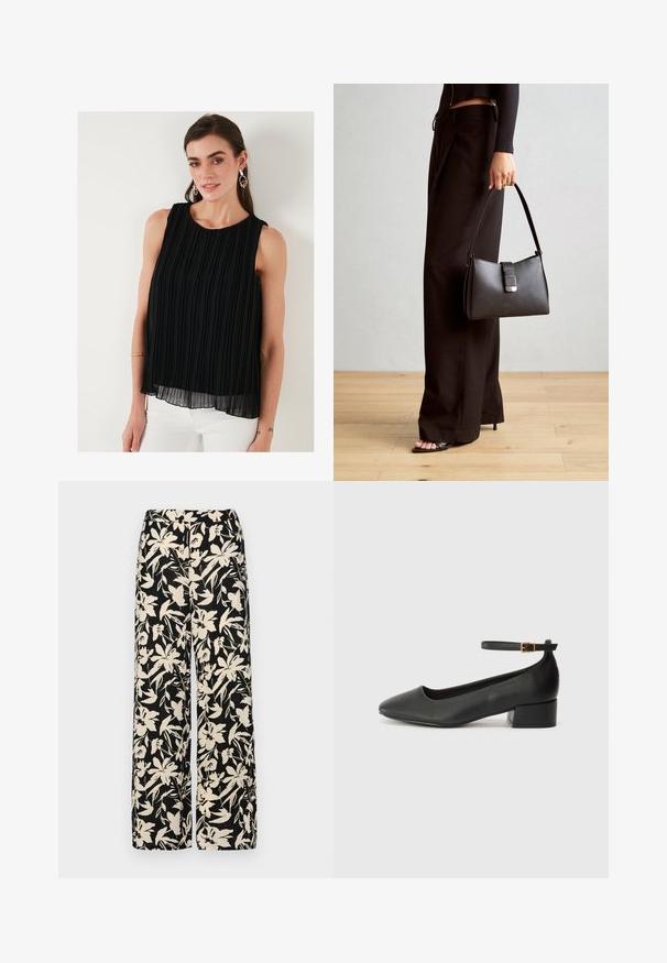 Schwarzes ärmelloses Top mit vertikalen Falten, rundem Ausschnitt und fließender Silhouette. Hergestellt aus leichtem Stoff mit geschichteter Textur.; Schwarze weit geschnittene Hose mit einem cremefarbenen Blumenmuster. Hergestellt aus leichtem Stoff, mit einer glatten Textur und einem hohen Bund.; Schwarze Lederpumps mit spitzem Zehenbereich und niedrigem Blockabsatz. Mit einem Knöchelriemen und einer goldfarbenen Schnalle. Glatte Textur.; Schwarze Handtasche mit strukturierter Form, glatter Textur und einem metallischen Verschluss. Kombiniert mit weiten schwarzen Hosen und offenen Sandalen auf einem Holzboden.