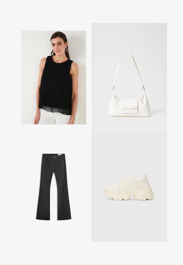 Top negru fără mâneci, cu plisse verticale, decolteu rotund și o siluetă fluidă. Fabricat dintr-un material ușor, cu o textură stratificată.; Blugi negri evazați din denim cu o textură netedă, având două buzunare la spate și închidere cu buton la talie.; Tenisi albi voluminoși, fabricați din plasă texturată și materiale sintetice, cu o talpă groasă și detalii de model intricate pe laturi.; Geantă sintetică albă, cu formă triangulară, capac frontal plat și detaliu cu fundă, curea ajustabilă, textură netedă și design minimalist.