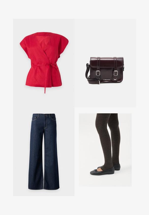 Piros vászon blúz rövid, széles ujjakkal, mély V-alakú nyakkivágással és megkötős derékövével. Texturált anyag sima felülettel.; Sötét kék farmer széles lábú nadrág. Kontrasztos varrással, öt zsebhálóval és gombos derékzárással rendelkezik. Simás textúra.; Fekete lapos cipők kis masni díszítéssel az orrán, sötétbarna bordázott harisnyával párosítva. A cipők sima textúrával és alacsony profilúak.; Burgundy lakkbőr keresztpántos táska téglalap alakú, két pánttal, ezüst színű szerelvényekkel és fedélzárral.