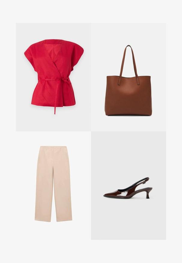 Red linen wrap top with short, wide sleeves, a deep V-neckline, and a tied waist belt. Textured fabric with a smooth finish.; Beige wide-leg trousers made from smooth fabric, featuring a flat front with belt loops, and no visible patterns or embellishments.; Brown patent leather slingback shoe with a pointed toe and a moderate heel. Features a buckle strap for secure fit. Smooth texture.; Brown leather tote bag with a smooth texture, open top design, and two shoulder straps. Features minimal stitching and no visible hardware.