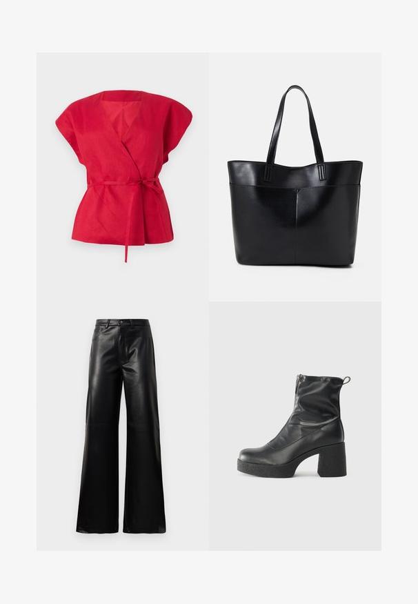 Sarkans linu apvalka tops ar īsām, platām piedurknēm, dziļu V-veida kakla izgriezumu un sasietu jostas jostu. Tekstūrēta auduma ar gludu apdari.; Melnas augstās jostas platajās kājās sintētiskās ādas bikses ar priekšējo pogu, rāvējslēdzēju, jostas cilpām un sānu kabatām uz baltā fona.; Melni potītes zābaki, kas izgatavoti no gludas ādas, ar sānu rāvējslēdzēju, masīvu strukturētu papēdi un noapaļotu purngalu.; Melnas ādas iepirkumu soma ar divām garām rokturām, gludu tekstūru un strukturētu formu. Iekļauj priekšējo kabatu papildu uzglabāšanai.