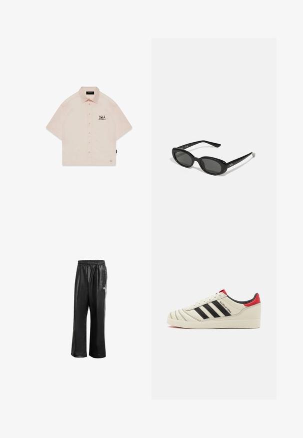 Camisa de botones de manga corta en melocotón con cuello puntiagudo, cierre de botones en la parte frontal y un diseño gráfico negro en el lado izquierdo del pecho.; Camiseta de algodón negra de manga corta, con escote redondo y ribete blanco en el cuello y los bordes de las mangas.; Pantalones de chándal sintéticos negros con cinturilla elástica, que presentan rayas laterales blancas y un pequeño logo blanco en la cadera izquierda.; Zapatillas de cuero crema con rayas negras, acentos rojos en el talón y detalles texturizados. Presentan una suela de goma y cierre de cordones.; Gafas de sol negras con lentes ovalados, marco de plástico brillante y brazos delgados. Presenta el logotipo de Ray-Ban en blanco en el lateral.