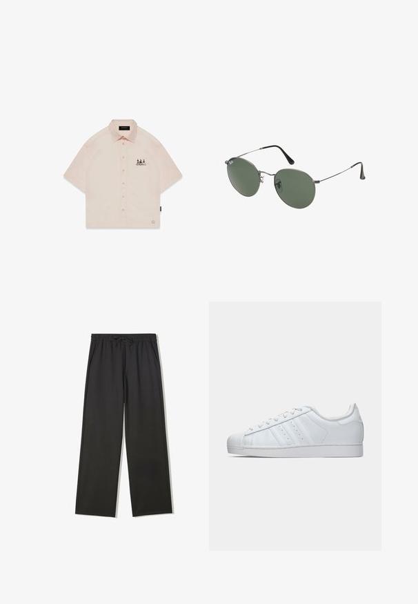Košeľa s krátkym rukávom v broskyňovej farbe, s výstrihom s klopami, predným zapínaním na gombíky a čiernym grafickým dizajnom na ľavej hrudi.; Biela bavlnená tričko s krátkymi rukávmi, okrúhlym výstrihom, uvoľneným strihom a žiadnymi viditeľnými logami alebo vzormi. Hladká textúra a minimálny dizajn.; Čierne nohavice s širokými nohavicami, elastickým pásom a šnúrkou, ktoré majú bočné vrecká a jemný, ľahký tkaninový povrch.; Biele kožené tenisky s textúrovanou gumovou špičkou, tromi postrannými pruhmi a polstrovaným golierom. Ploché biele šnúrky a minimalistický dizajn.; Sunglass s metalovým rámom s oválnymi zelenými šošovkami. Tenký strieborný kovový rám a čierne štuple za uši. Minimalistický dizajn, bez viditeľných log.