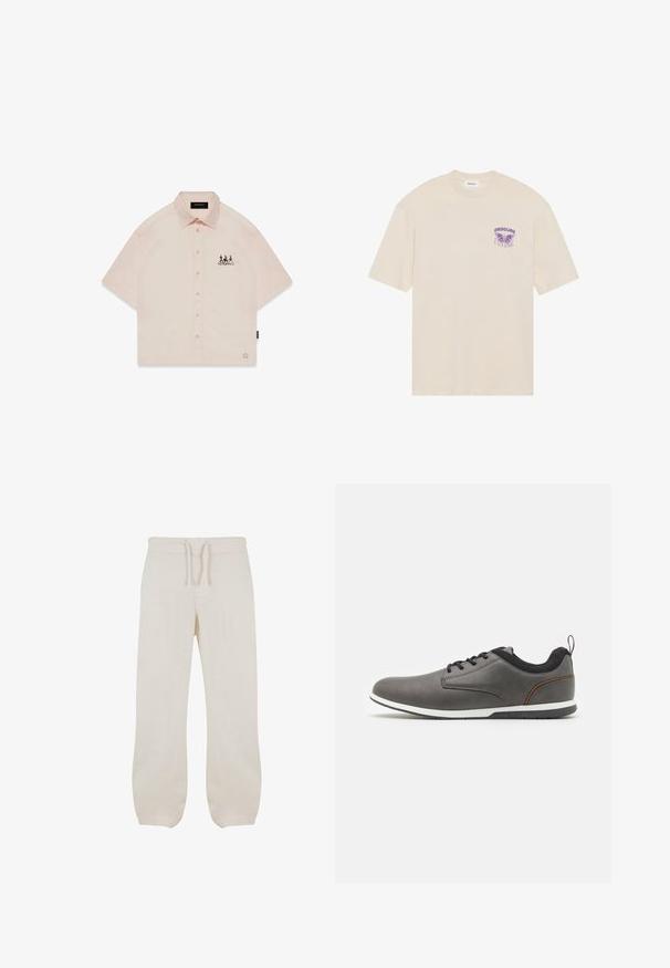 Perzikkleurig button-up shirt met korte mouwen, voorzien van een puntige kraag, een knoopsluiting aan de voorkant en een zwart grafisch ontwerp op de linkerkant van de borst.; Beige katoenen T-shirt met een paarse vlinderafbeelding en het woord "OBSCURE" op de linkerkant van de borst, korte mouwen en een ronde hals.; Licht beige linnen broek met een elastische tailleband en trekkoord. Recht model met een gladde textuur en een lichte toelopende pasvorm bij de enkels.; Grijze leren schoenen met zwarte accenten, met een ronde neus, vetersluiting, witte zool en een klein trekbandje bij de hak.