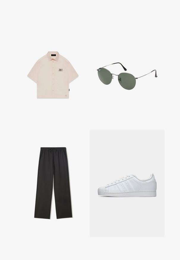 Vaaleanpunaiseen lyhythihaiseen nappipaitaan kuuluu terävä kaulus, edessä nappikiinnitys ja musta graafinen kuvio vasemmassa rinnassa.; Musta joustava vyötäröhousu, jossa kiristysnauha ja sivutaskut. Housut ovat väljät ja suorat lahkeet.; Valkoinen nahkasneakeri, jossa on текстuroitu kuminen varvaskansi, kolme sivuviivaa ja pehmustettu kaulus. Litteät valkoiset nauhat ja minimaalinen muotoilu.; Aurinkolasit metallikehyksillä, joissa on soikeat vihreät linssit. Ohut hopeinen metallikehys ja mustat korvapehmusteet. Minimalistinen muotoilu, ei näkyviä logoja.