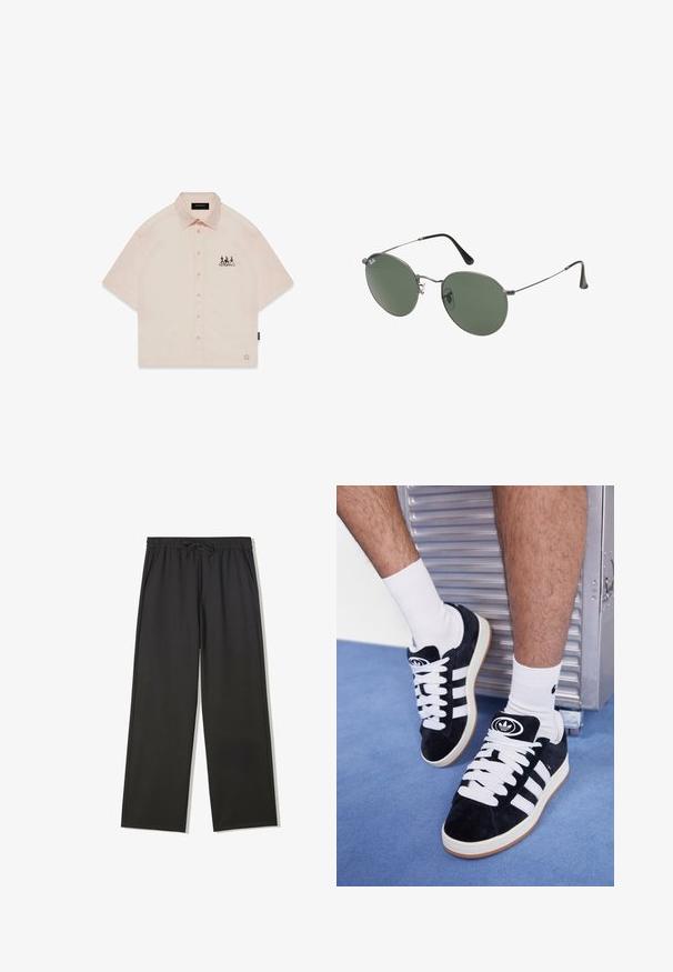 Krátký rukáv broskvové košile s knoflíkovým zapínáním, vyznačující se špičatým límečkem a černým grafickým designem na levé části hrudníku.; Černé široké kalhoty s elastickým pasem a šňůrkou, které mají postranní kapsy a hladký, lehký materiál.; Černé semišové tenisky s bílými tkaničkami a třemi bílými pruhy. Mají kulatou černou logo na jazyku a gumovou podrážku.; Sluneční brýle s kovovým rámem a oválnými zelenými skly. Tenký stříbrný kovový rám a černé chrániče uší. Minimalistický design, žádné viditelné logo.