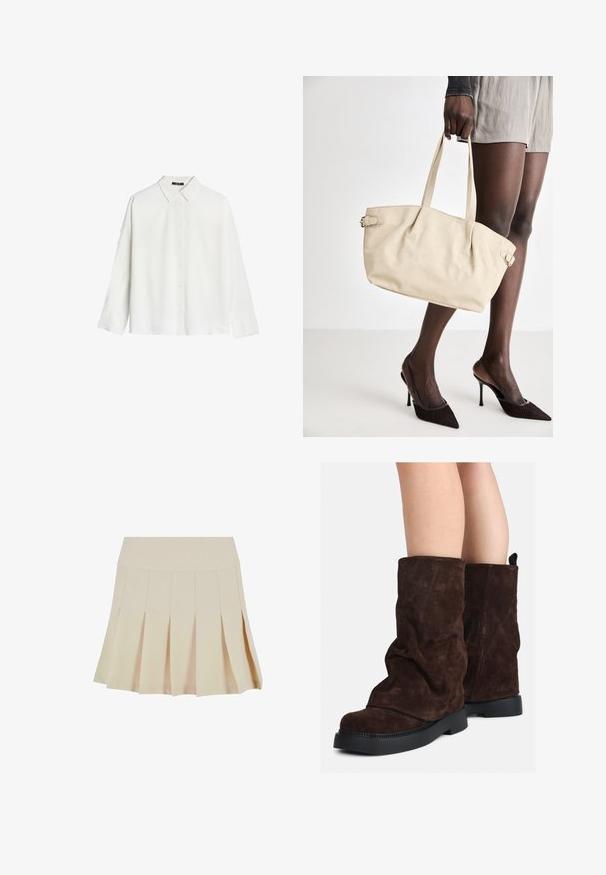 Bela srajca z dolgimi rokavi, izdelana iz gladkega materiala, s klasičnim ovratnikom in sprednjim zapiranjem na gumb, ravnim robom in sproščenim krojem.; Bežna plišana krila s prilagojenim pasom, izdelana iz gladkega materiala. Ima več vertikalnih gub in raven rob.; Rjave gamšaste škornje do polovice teleta z črnimi gumijastimi podplati, nošene na golih nogah, s rahlim gubanjem na zgornjem delu škornjev.; Bežna torba iz usnja z gladko površino, strukturirano obliko, dvema ročajema in stranskimi zaponkami. V paru z elegantnimi črnimi petkami.; Kremna ušesna traka s prepletenim dizajnom, uparjena s bež in belimi črtastimi majicami z okroglim izrezom. Diskretni nakit.