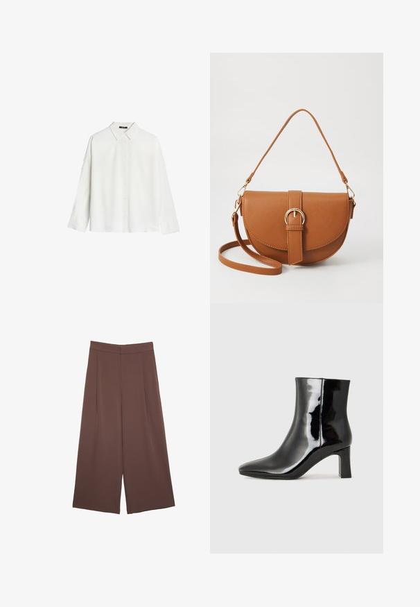 Camicia bianca a maniche lunghe realizzata in tessuto liscio, con colletto classico e chiusura frontale con bottoni, orlo dritto e vestibilità rilassata.; Pantaloni ampi marroni con una texture liscia, caratterizzati da una vita alta e pieghe frontali. Il tessuto è leggero e scorre liberamente.; Stivaletto in pelle verniciata nera con punta a punta e tacco a blocco di altezza media. Texture liscia e design minimalista.; Borsa a tracolla in pelle marrone con forma curvata, hardware dorato e un dettaglio con fibbia. Presenta una tracolla rimovibile.