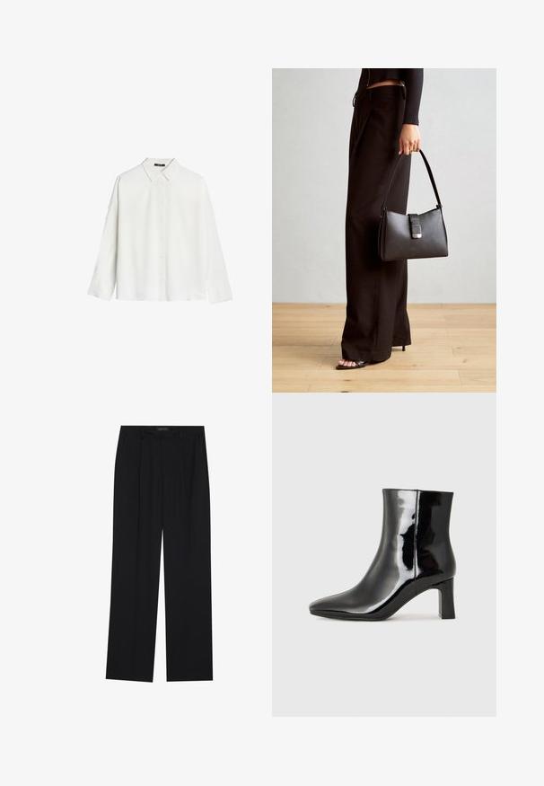 Witte langekoot shirt van soepel materiaal, met een klassieke kraag en sluiting met knopen aan de voorkant, recht gesneden onderkant en een ontspannen pasvorm.; Zwarte broeken met een rechte pijpontwerp, voorzien van twee voorkanten zakken en een tailleband. Gemaakt van een gladde, lichte stof.; Zwarte gepolijste leren enkellaars met een spitse neus en een blokhak van gemiddelde hoogte. Glad textuur en minimalistisch ontwerp.; Zwarte handtas met gestructureerde vorm, gladde textuur en een metalen sluiting. Gecombineerd met brede zwarte broeken en sandalen met open teen op een houten vloer.