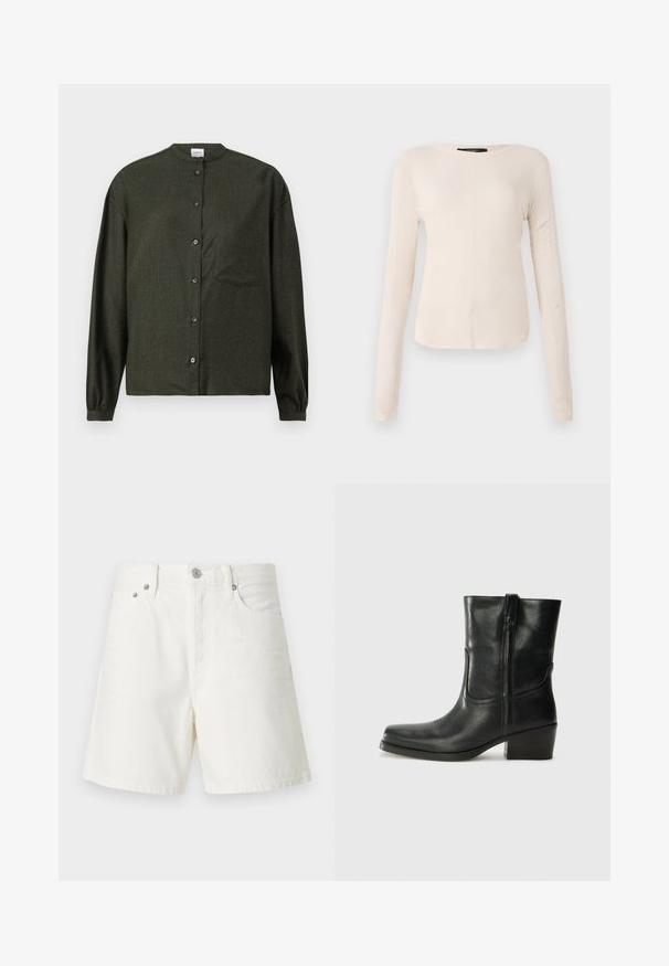 Dark green button-up shirt with a mandarin collar, long sleeves, chest pocket, and smooth, textured fabric.; Long-sleeve, light beige top with a round neckline. Made of soft fabric, features a central seam and slightly curved hem. No visible hardware.; White denim shorts with a straight cut, five-pocket design, front button closure, silver hardware, and stitched detailing.; Black leather ankle boot with a rounded toe, block heel, side zipper, and stitching accents on the vamp. Smooth texture, classic design.