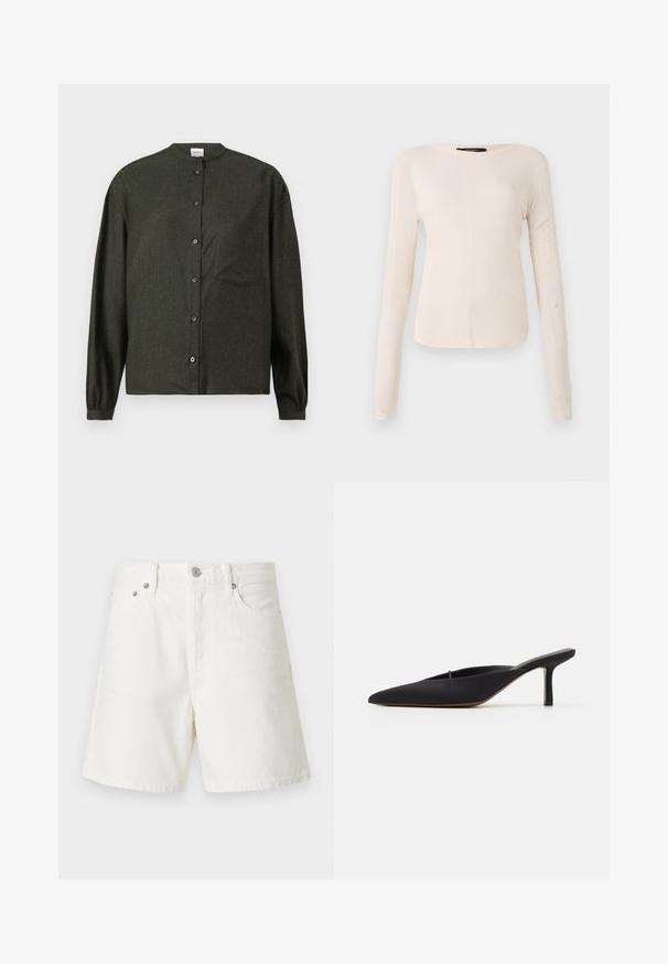 Dunkelgrünes Button-up-Hemd mit Stehkragen, langen Ärmeln, Brusttasche und glattem, strukturiertem Stoff.; Langärmliges, hellbeiges Oberteil mit rundem Ausschnitt. Aus weichem Stoff gefertigt, verfügt es über eine zentrale Naht und einen leicht geschwungenen Saum. Keine sichtbaren Beschläge.; Weiße Jeansshorts mit geradem Schnitt, Fünf-Taschen-Design, vorderem Knopfverschluss, silberner Hardware und genähten Details.; Schwarze spitz zulaufende Mule mit einem eleganten Design, aus glattem Material gefertigt, verfügt über einen schmalen Absatz und eine offene Ferse für ein einfaches An- und Ausziehen.