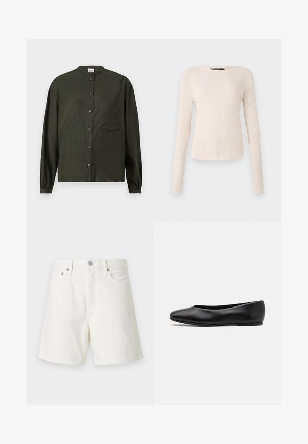 Camicia button-up verde scuro con colletto alla mandarina, maniche lunghe, taschino sul petto e tessuto liscio e strutturato.; Maglietta a maniche lunghe di colore beige chiaro con scollatura rotonda. Realizzata in tessuto morbido, presenta una cucitura centrale e un orlo leggermente curvato. Senza hardware visibile.; Shorts di denim bianco con taglio dritto, design a cinque tasche, chiusura frontale con bottone, accessori in argento e dettagli cuciti.; Paul Smith TOPANGA - Ballerine - black