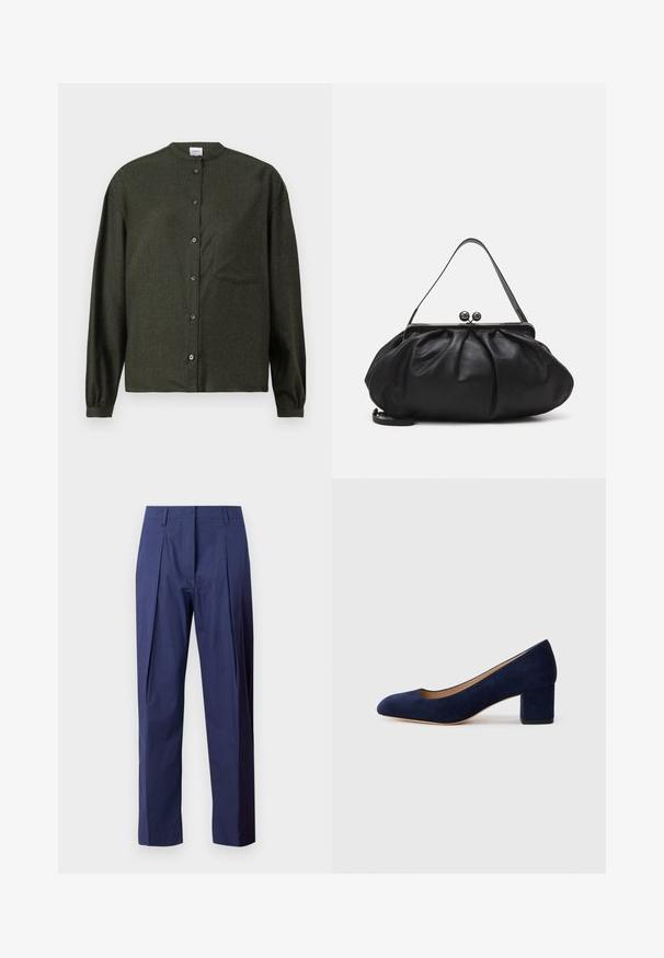 Dunkelgrünes Button-up-Hemd mit Stehkragen, langen Ärmeln, Brusttasche und glattem, strukturiertem Stoff.; Marineblaue Hose aus leichtem Stoff, mit geradem Schnitt, Frontfalten und glatter Textur.; Marineblaue Wildleder-Pumps mit spitzem Zehenbereich und einem mittelhohen Blockabsatz. Glatte Textur mit einem subtilen Glanz und einem kleinen Ausschnitt an der Vorderseite.; Schwarze Lederhandtasche mit einer runden, gefalteten Form. Verfügt über einen metallischen Verschluss mit zwei dekorativen Kugeln und einem schmalen, abnehmbaren Tragegurt.