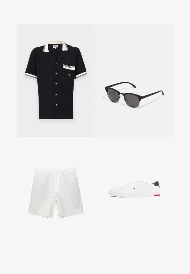 Cămașă neagră cu mânecă scurtă, guler și ornamente albe la buzunar. Material texturat cu un broderie în formă de inimă pe buzunar. Închidere cu nasturi în față.; Șorturi albe din bumbac, cu talie elastică și șnur, buzunare laterale și croială dreaptă cu tiv terminat.; Adidași albi cu vârf jos, din piele netedă. Prezintă un toc albastru marine și un accent roșu pe talpă. Șase gauri pentru șireturi.; Ochelari de soare negri cu lentile rotunde, finisaj mat și o formă distinctivă de cat-eye. Brațe subțiri cu un branding subtil pe templul stâng.